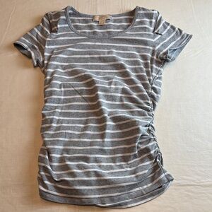 Michael Kors Gray White Striped Short Sleeve Tee Shoulder Zipper Detail Size M